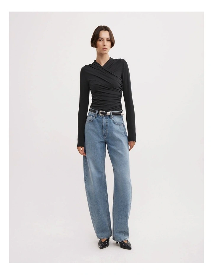 Wrap Long Sleeve Jersey Top in Black image 2