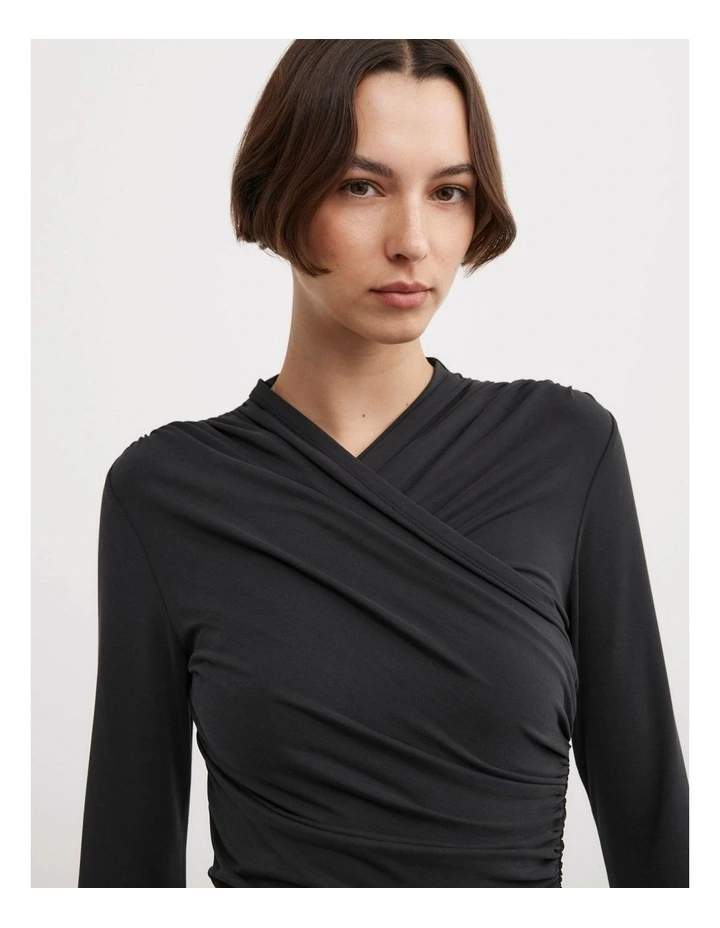 Wrap Long Sleeve Jersey Top in Black image 3