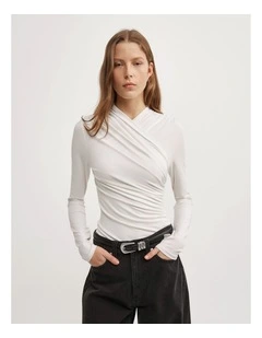 Wrap Long Sleeve Jersey Top in Fresh White