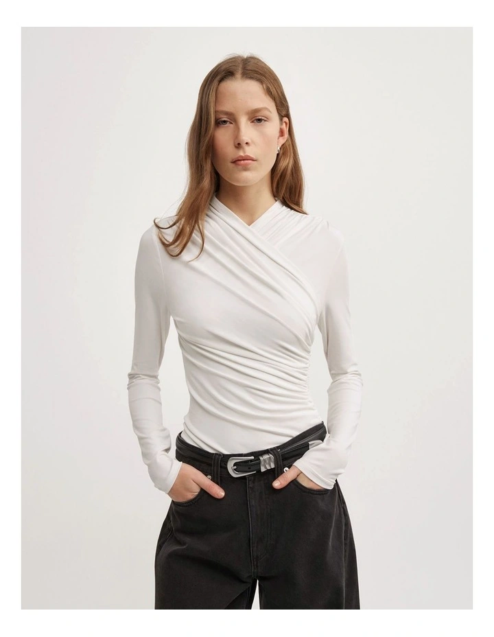 Wrap Long Sleeve Jersey Top in Fresh White image 1