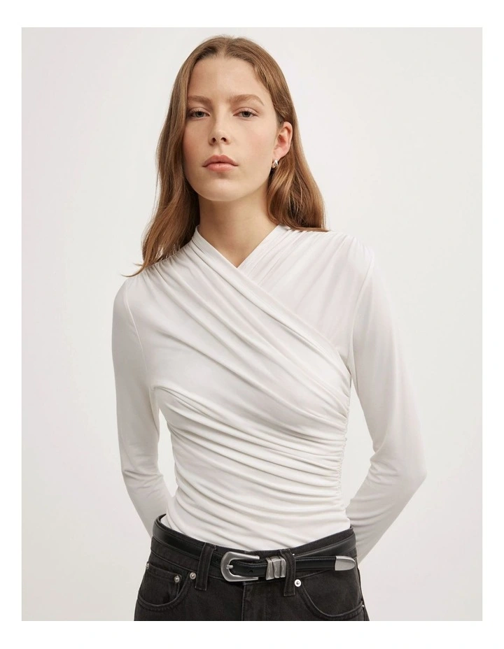 Wrap Long Sleeve Jersey Top in Fresh White image 3