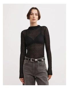 Textured Mesh Long Sleeve Top in Black