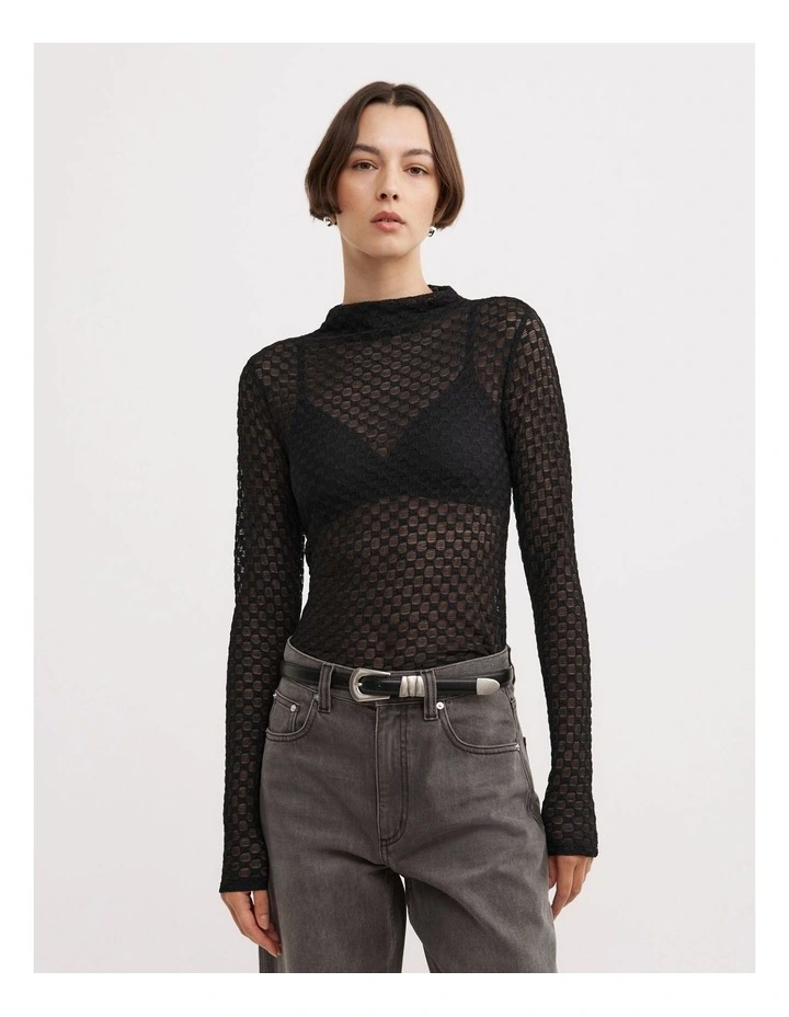 Textured Mesh Long Sleeve Top in Black image 1
