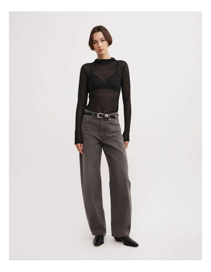 Textured Mesh Long Sleeve Top in Black image 2