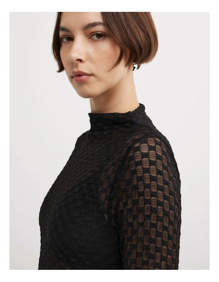 Textured Mesh Long Sleeve Top in Black image 3
