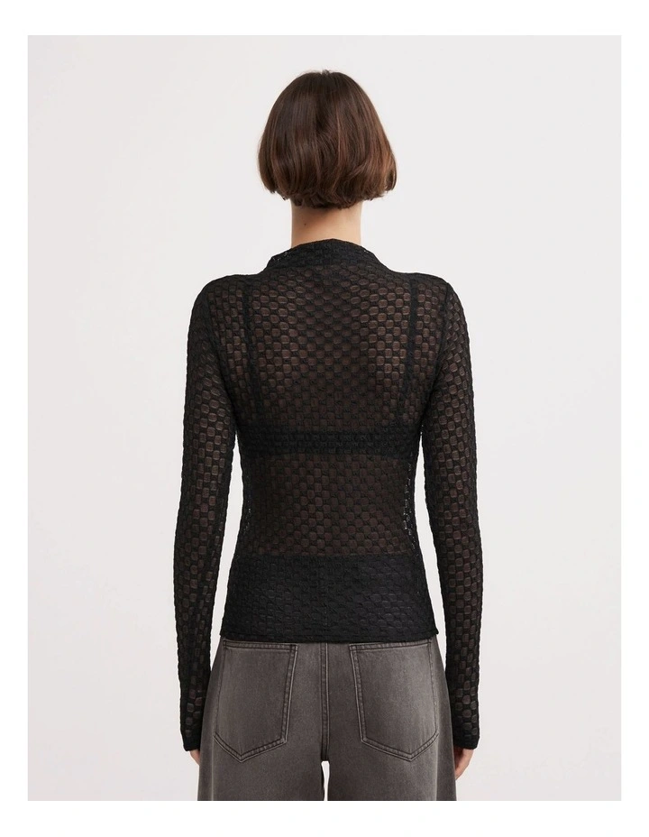 Textured Mesh Long Sleeve Top in Black image 5