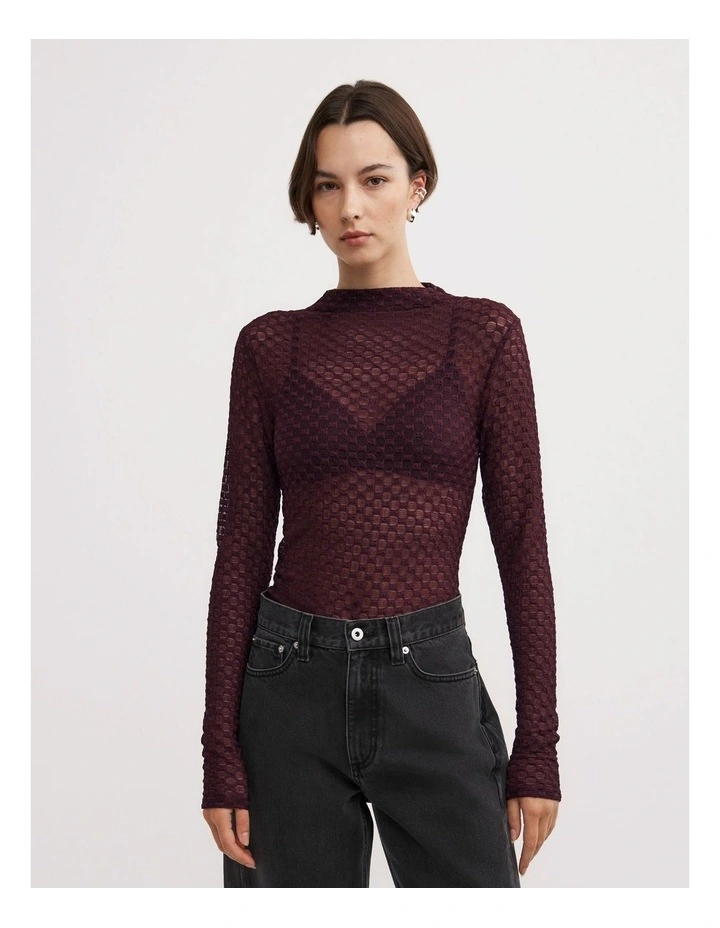 Textured Mesh Long Sleeve Top in Aubergine image 1