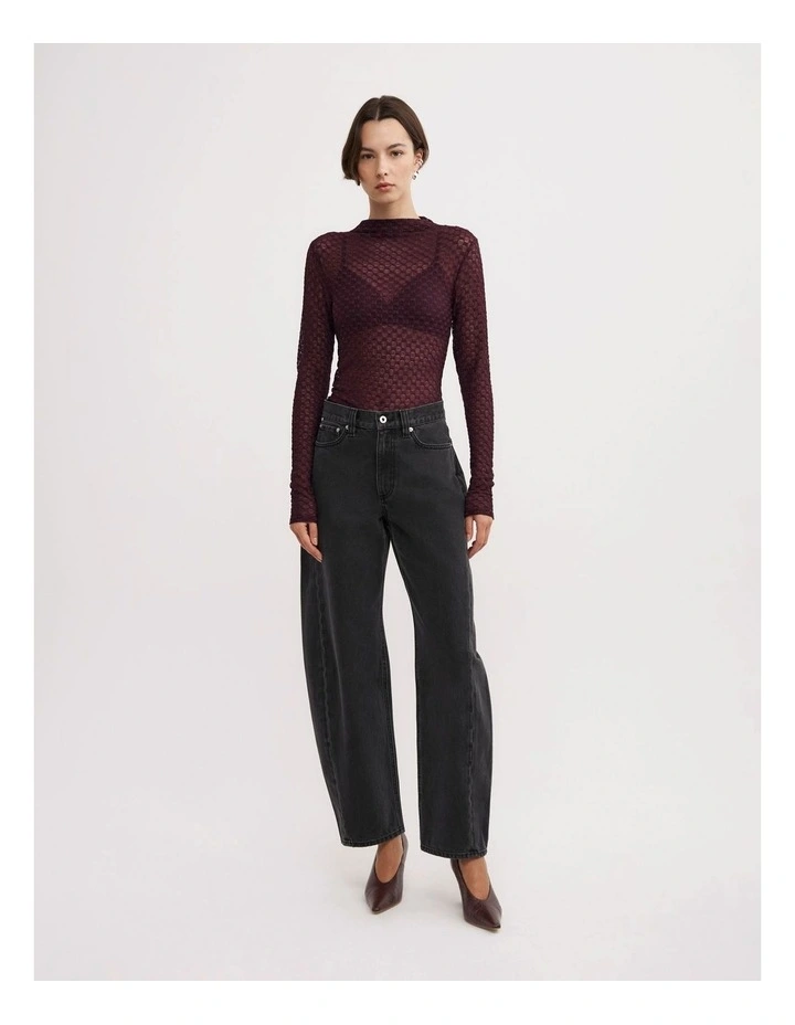 Textured Mesh Long Sleeve Top in Aubergine image 2