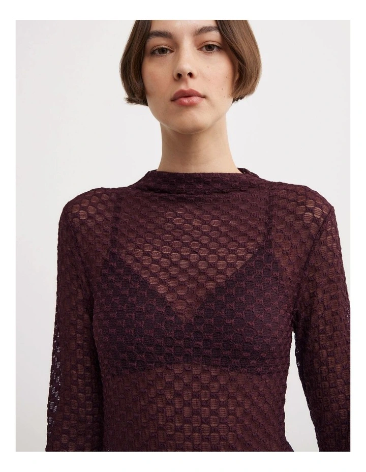Textured Mesh Long Sleeve Top in Aubergine image 3