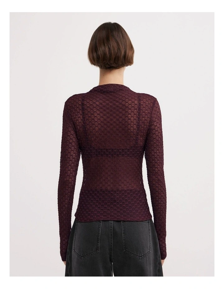Textured Mesh Long Sleeve Top in Aubergine image 5