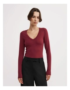 V Neck Long Sleeve Top in Ruby