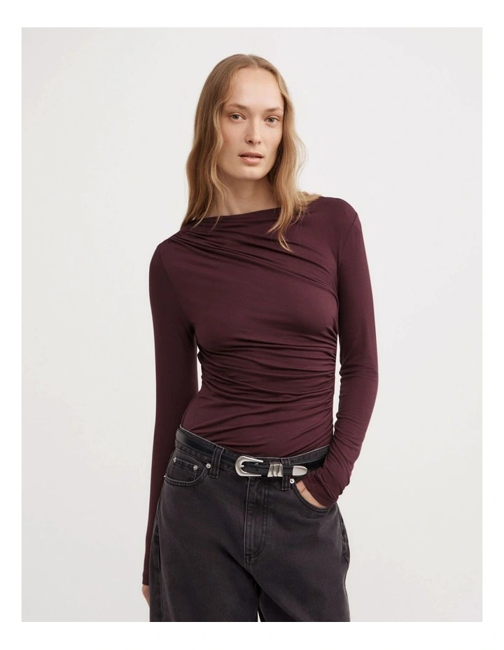 Draped Jersey Long Sleeve Top in Aubergine image 1