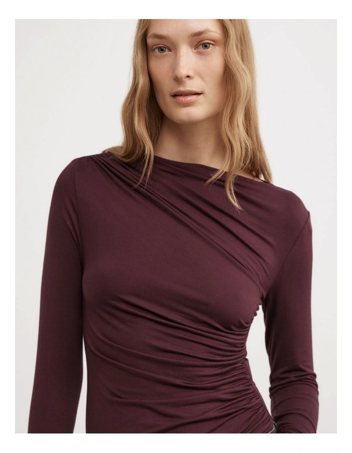 Draped Jersey Long Sleeve Top in Aubergine image 3