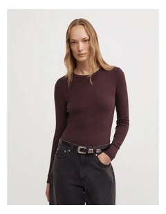Crew Neck Rib Long Sleeve Top in Aubergine