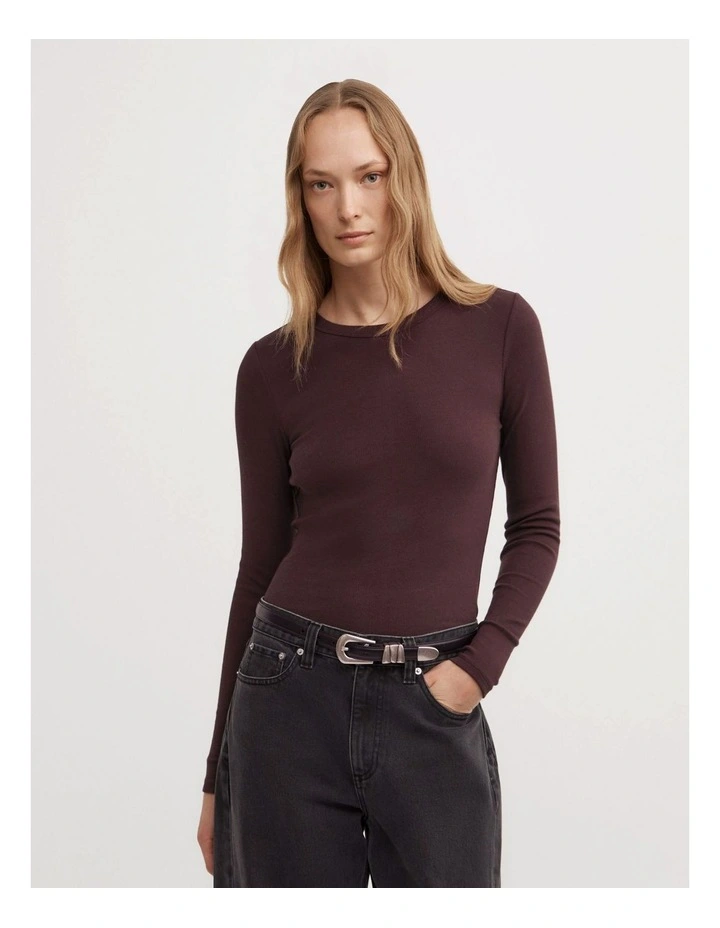 Crew Neck Rib Long Sleeve Top in Aubergine image 1