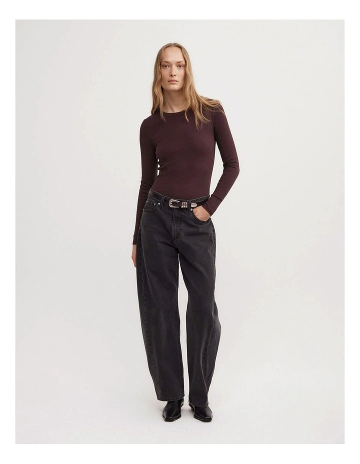 Crew Neck Rib Long Sleeve Top in Aubergine image 2