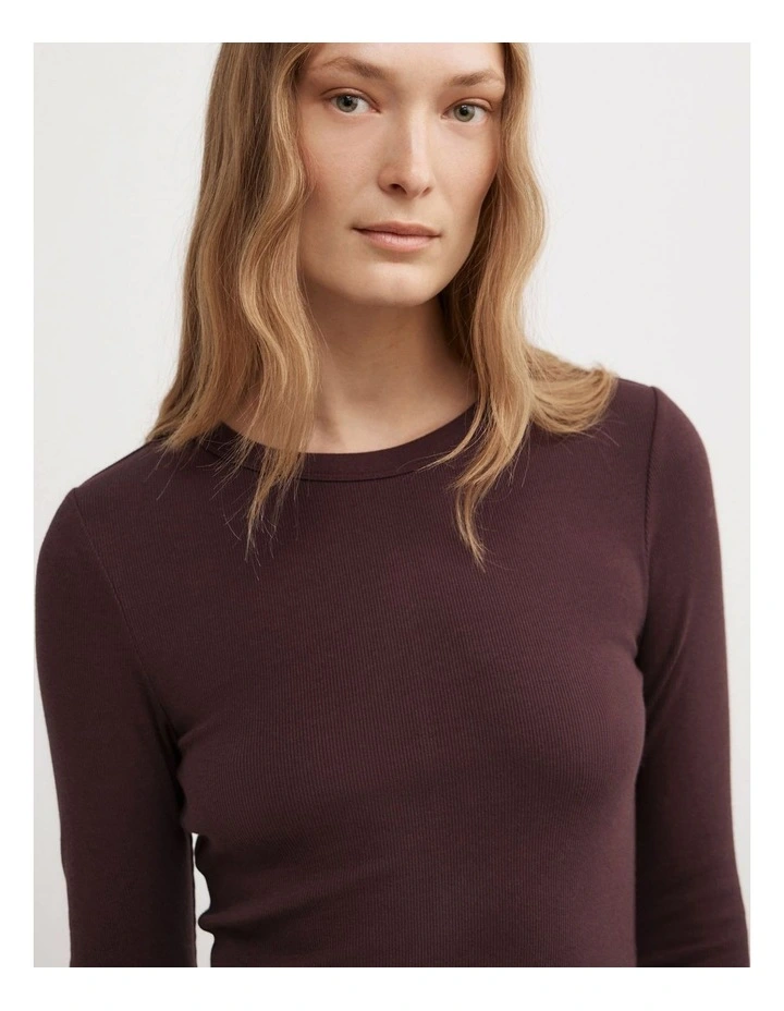 Crew Neck Rib Long Sleeve Top in Aubergine image 3