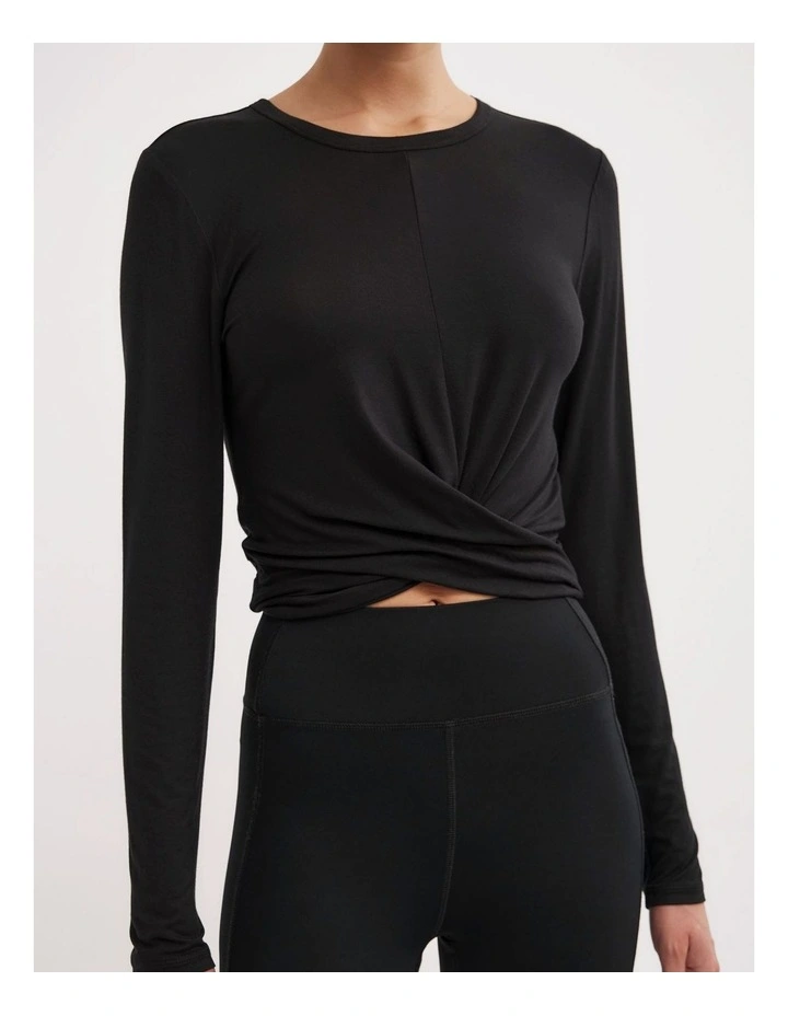 Cross Front Long Sleeve Top in Black image 3