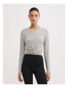 Cross Front Long Sleeve Top in Light Grey Marle