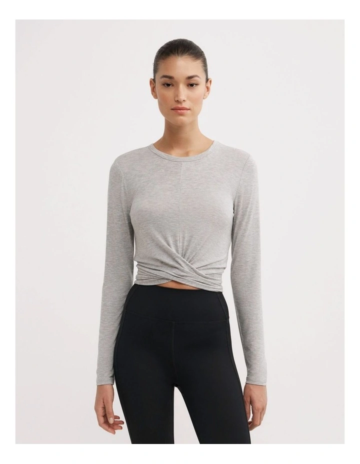 Cross Front Long Sleeve Top in Light Grey Marle image 1