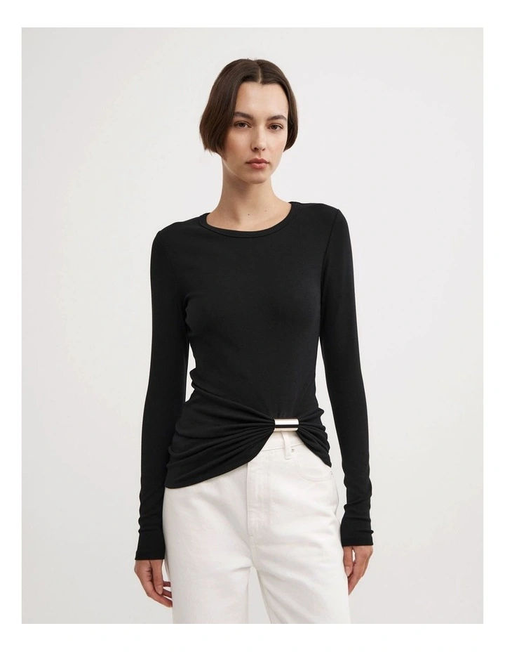 Metal Trim Long Sleeve Top in Black image 1