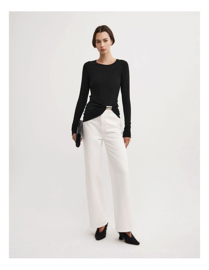 Metal Trim Long Sleeve Top in Black image 2