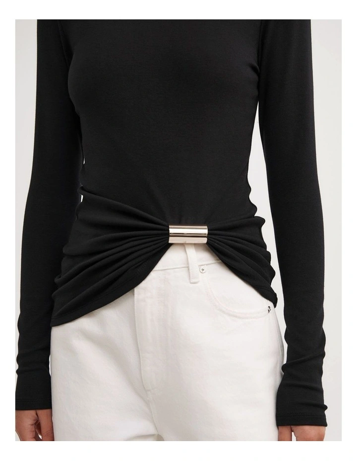 Metal Trim Long Sleeve Top in Black image 3