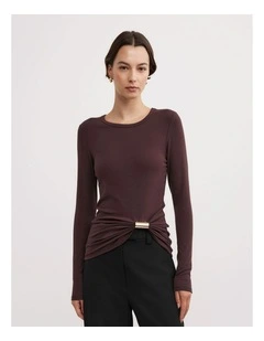 Metal Trim Long Sleeve Top in Aubergine