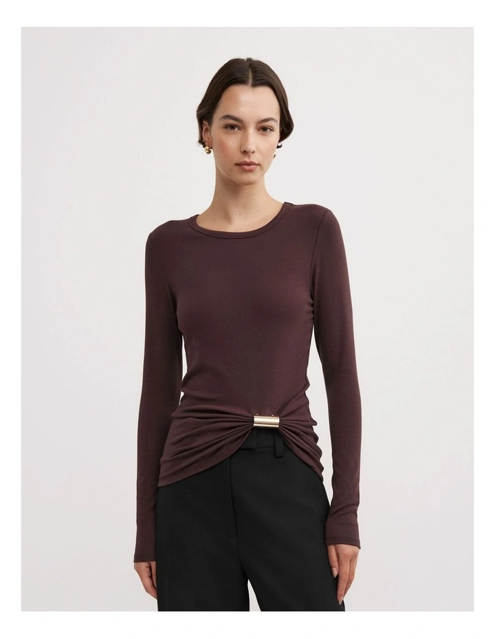 Metal Trim Long Sleeve Top in Aubergine image 1