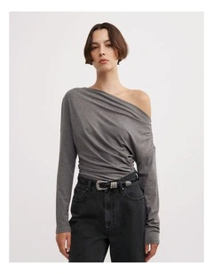Asymmetric Draped Long Sleeve Top in Charcoal Marle