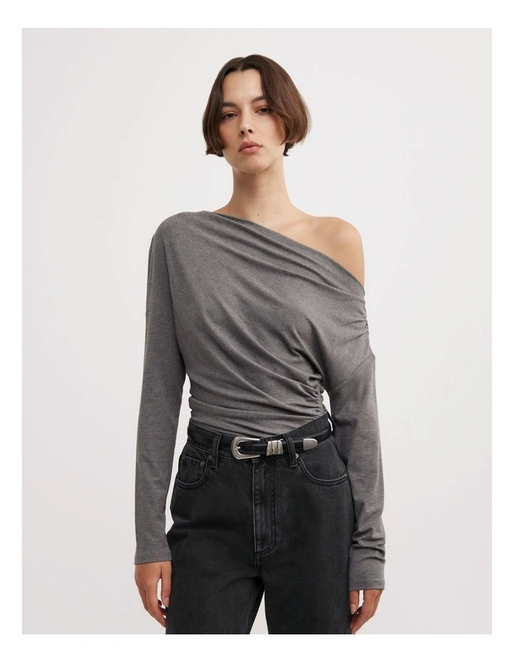 Asymmetric Draped Long Sleeve Top in Charcoal Marle image 1