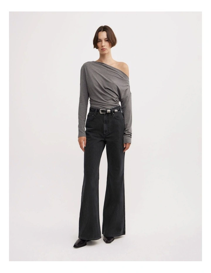 Asymmetric Draped Long Sleeve Top in Charcoal Marle image 2