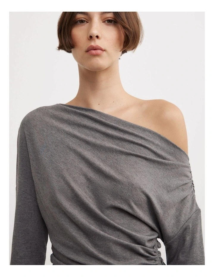 Asymmetric Draped Long Sleeve Top in Charcoal Marle image 3