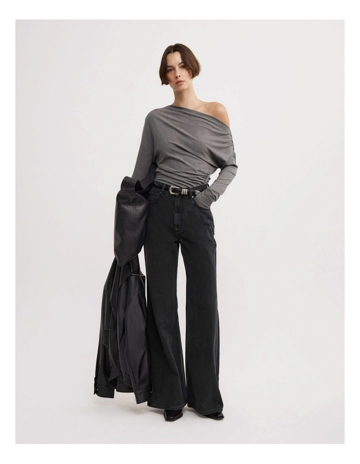 Asymmetric Draped Long Sleeve Top in Charcoal Marle image 4