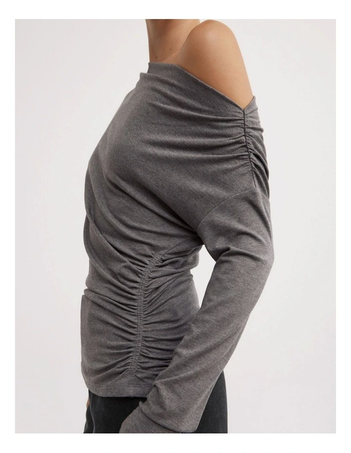 Asymmetric Draped Long Sleeve Top in Charcoal Marle image 5