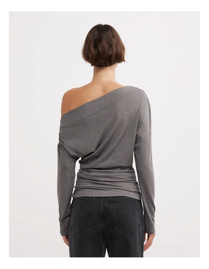 Asymmetric Draped Long Sleeve Top in Charcoal Marle image 6