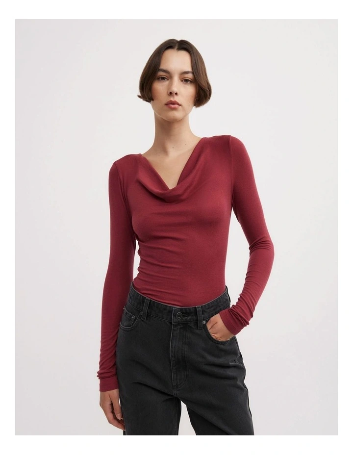 Cowl Neck Long Sleeve Top in Ruby image 1