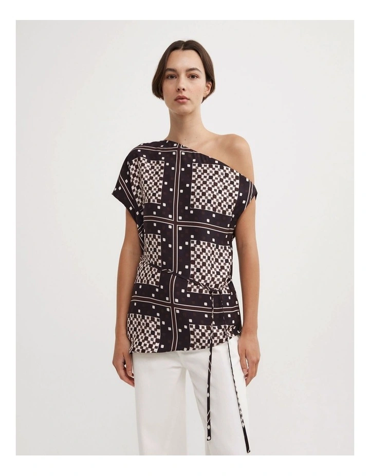 Tipped Shoulder Top in Checkered Tile Print image 1
