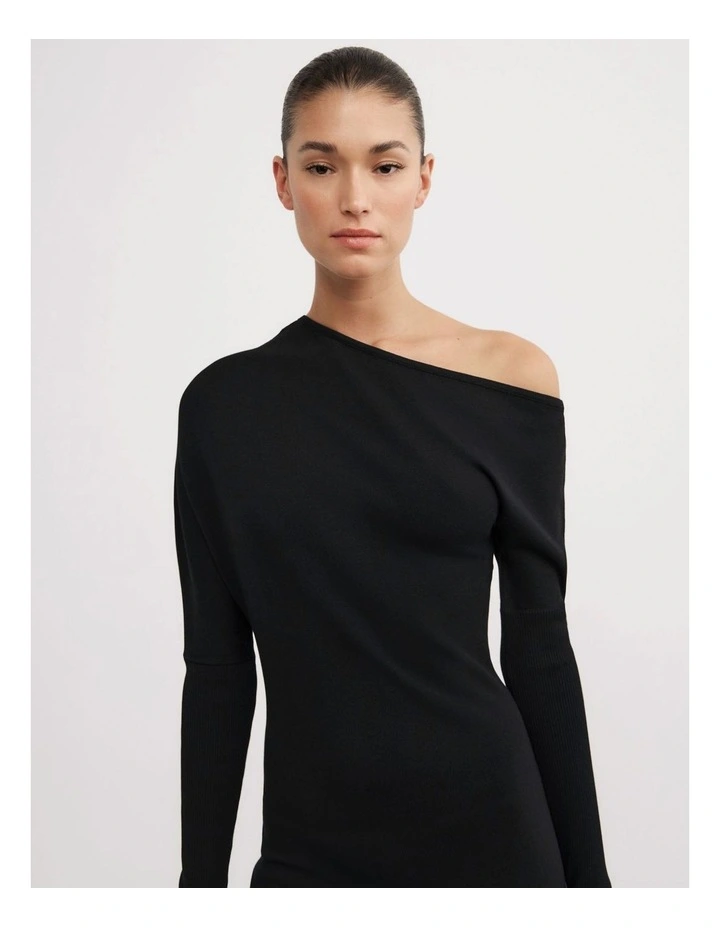 Off Shoulder Knit Dress in Black image 3