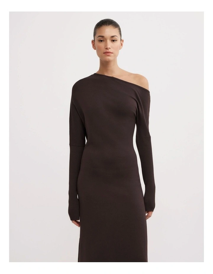 Off Shoulder Knit Dress in Espresso image 2
