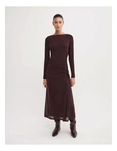 Longsleeve Ruched Mesh Dress in Aubergine
