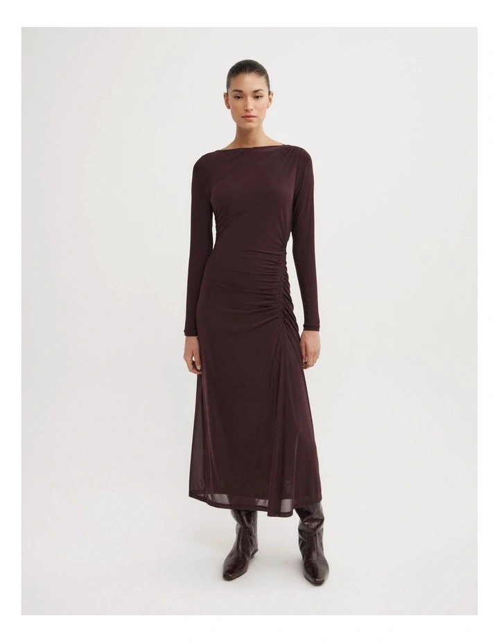 Longsleeve Ruched Mesh Dress in Aubergine image 1