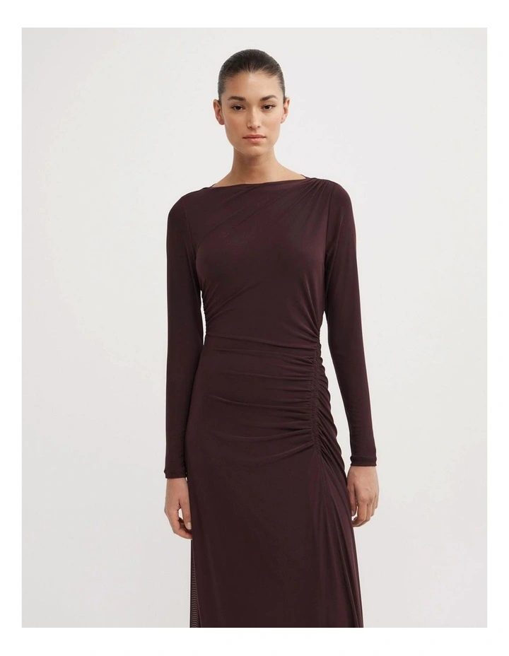 Longsleeve Ruched Mesh Dress in Aubergine image 2