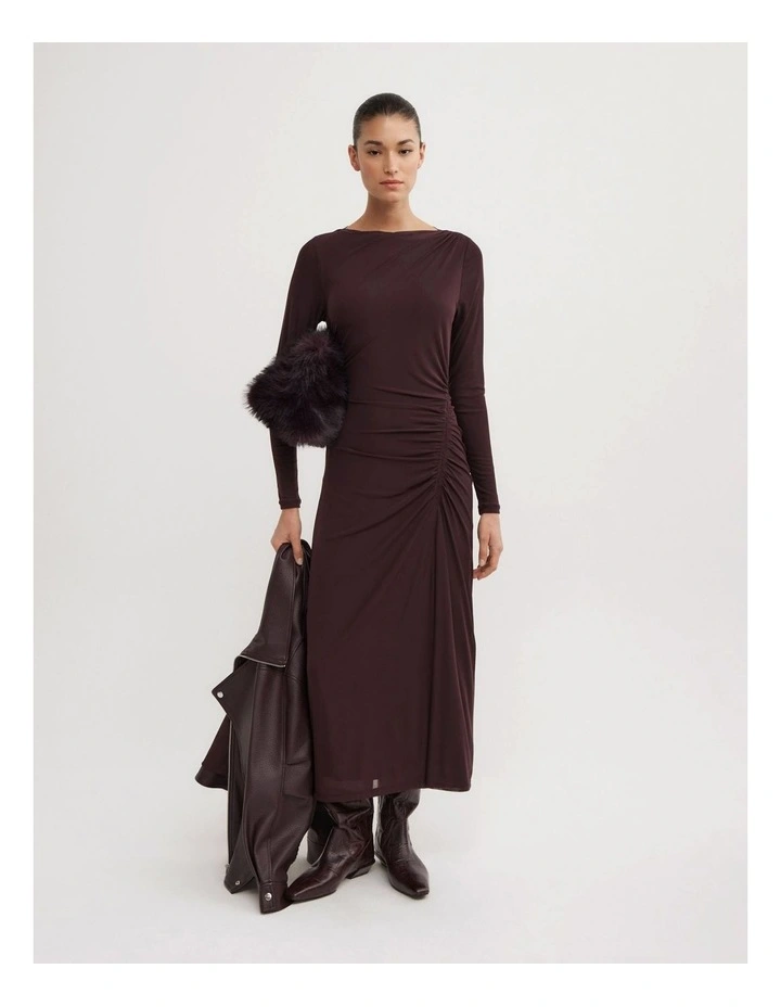 Longsleeve Ruched Mesh Dress in Aubergine image 3