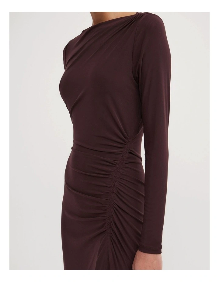 Longsleeve Ruched Mesh Dress in Aubergine image 4