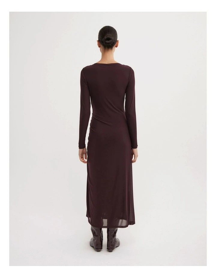 Longsleeve Ruched Mesh Dress in Aubergine image 5