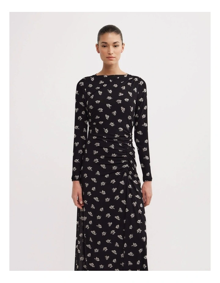 Long Sleeve Ruched Mesh Dress in Two Tone Floral image 2