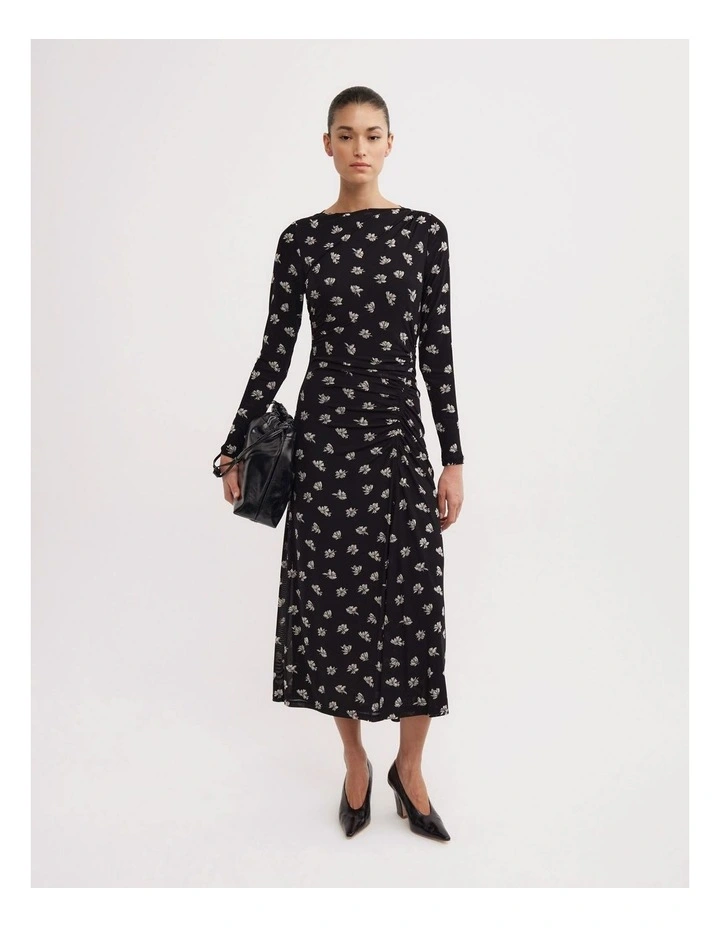 Long Sleeve Ruched Mesh Dress in Two Tone Floral image 4