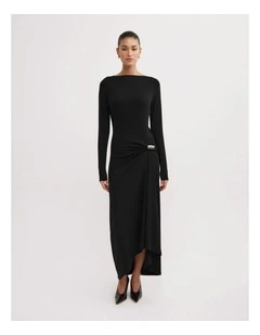 Longsleeve Trim Detail Rib Dress in Black