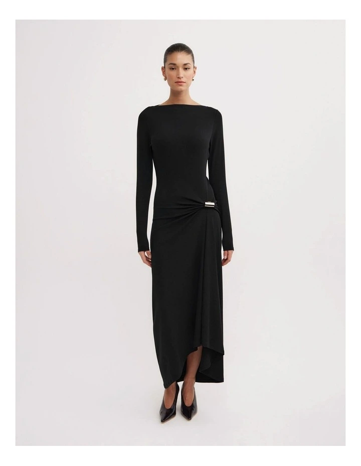Longsleeve Trim Detail Rib Dress in Black image 1